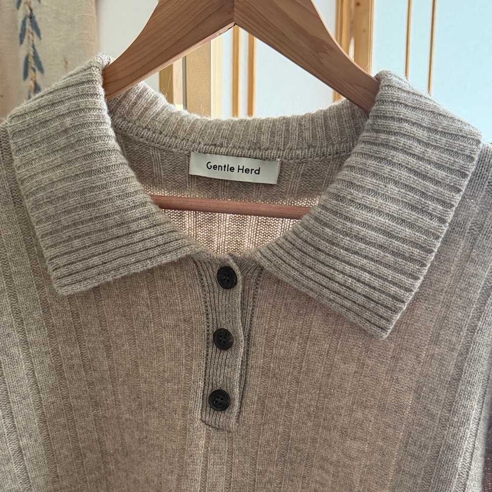 Gentle Herd Ribbed Collared Sweater Taupe Wool Blend Pullover Size L - Picture 2 of 14